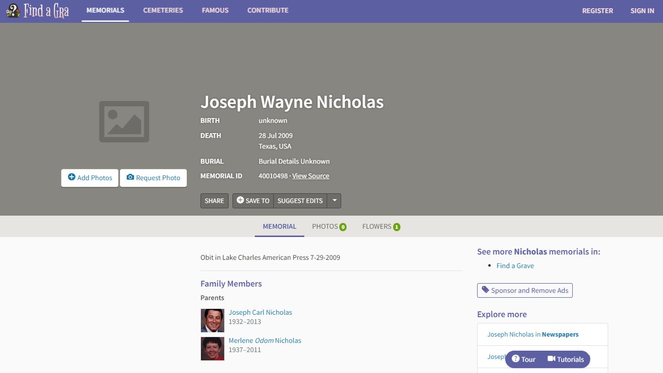 Joseph Wayne Nicholas (unknown-2009) - Find a Grave Memorial